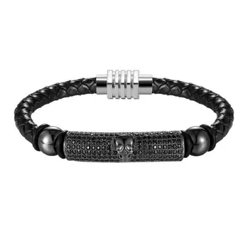 

Angemiel Men Black Crystal Ellipse Skull And Crossbones Pattern Charm Pattern Leather Men 'S Bracelet