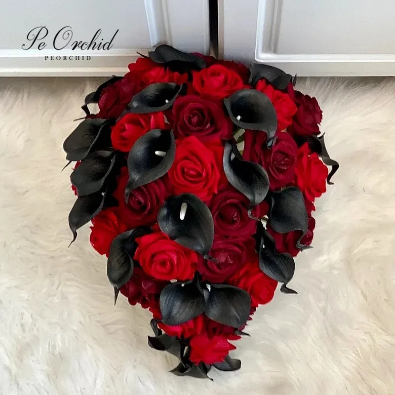 PEORCHID Charm Black and Red Wedding Bouquet Real Touch Calla Lily Artificial Bridesmaid Flowers Waterfall Bridal Bouquets