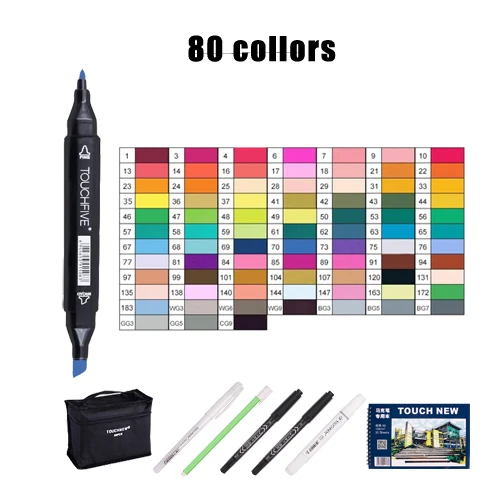 Touchfive маркеры для рисования, эскизы, спиртовые маркеры 30 40 60 80 168 цветов, профессиональные маркеры для рисования, ручка для рисования манги - Цвет: 80 Colors black F