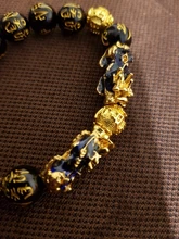 Feng Shui-pulsera de cuentas de piedra obsidiana Unisex, brazalete de oro negro, Pixiu, riqueza, buena suerte