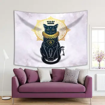 

Tapestry Cat Portrait with Secret Key Moon Mandala at the Back Magical Ethnic Artwork Black Yellow Gray