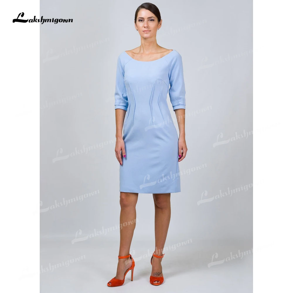 

Blue Mother of The Bride Groom Dress Boat Neck Dresses for Women Wedding Guest Dress Knee Length Back Slit 3/4 Sleeves
