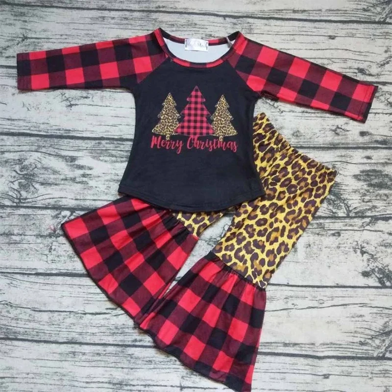 Adorable Infant Baby Girls Christmas Clothing Merry and Bright X-mas Tree Long Sleeve Shirt leopard bell Pants Boutique Outfit
