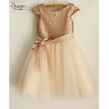 

New Flower Girl Dress 2020 Champagne Shiny Sequins Tulle with Bow Sashes Dress Zipper up Capped Sleeves Dress