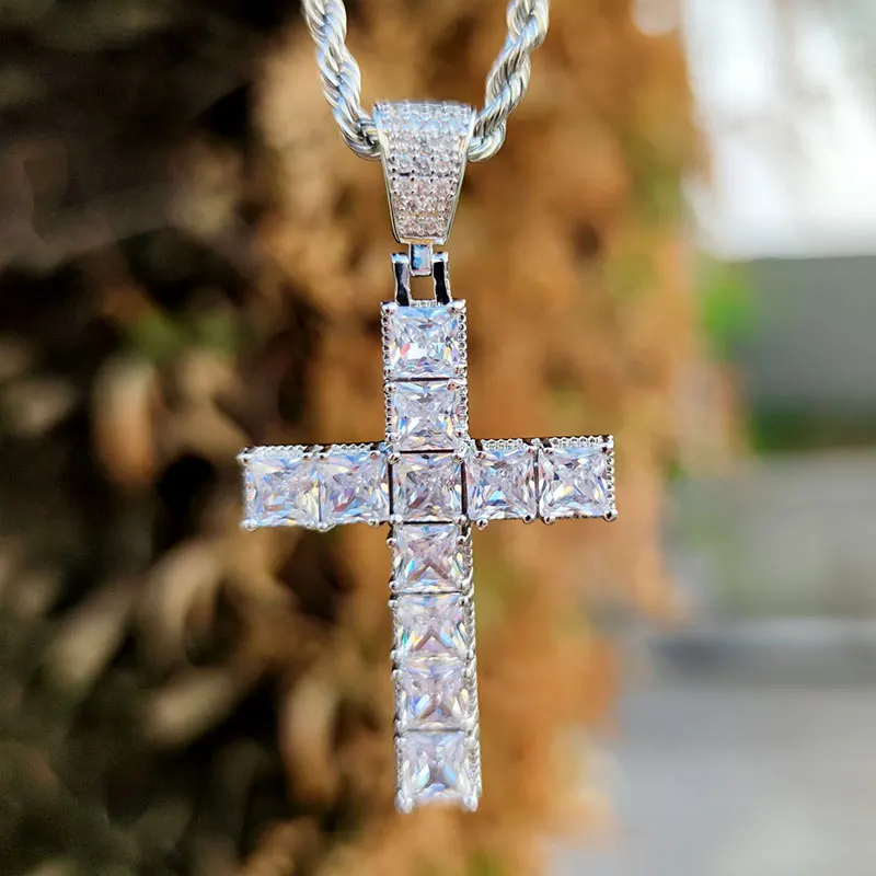 Hip Hop Iced Out Bling Cross Pendant Necklaces Gold Color Cubic