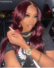 Peluca ondulada de cuerpo malayo transparente para mujeres negras, 99J, rojo borgoña, pelucas de cabello humano prearrancado, 180% de cabello Remy, peluca de encaje Frontal