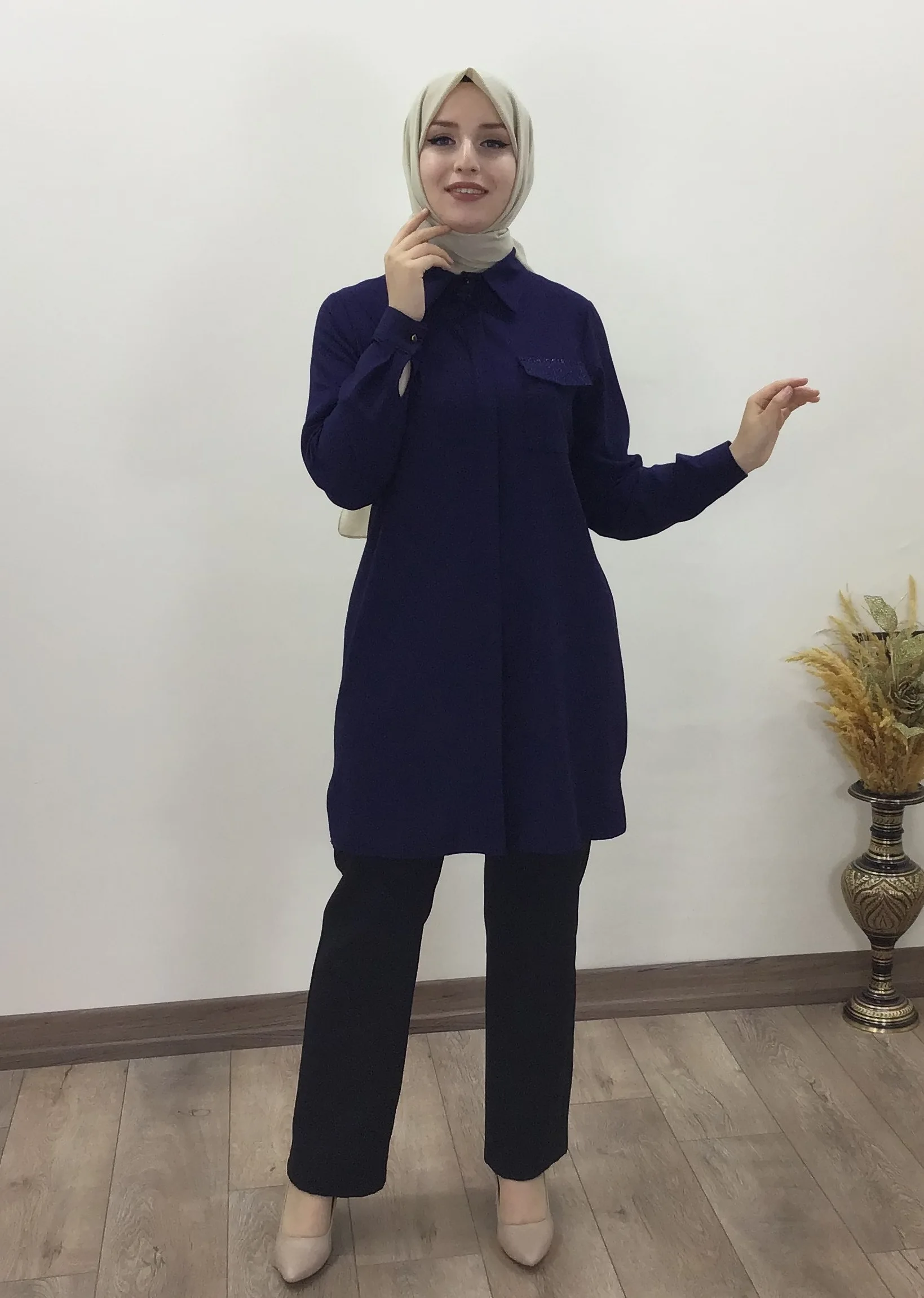 

2021 summer Season Women 'S Crepe Fabric Mobile Stone Hijab Tunik Muslim İslamic Shirt