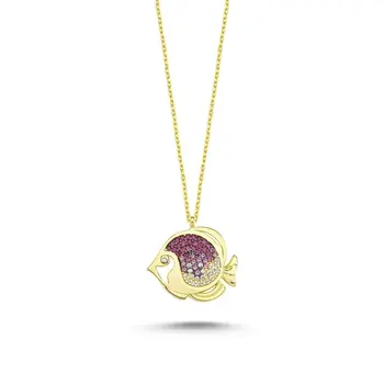 

Angemiel 925 Silver Pink Grayscale Zircon Fish Necklace-Gold Plated