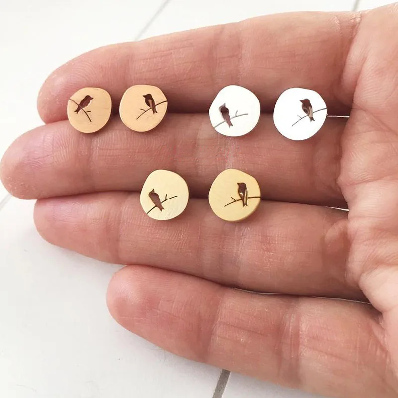 Minimal Round Cut Out Branch and Bird Earings Fashion Jewelry Stainless Steel Sister Gifts Gold Color Disc Stud Earring Bijoux | Украшения