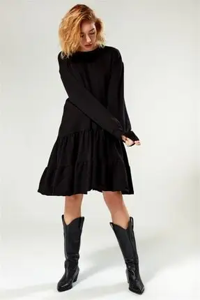 Women's Black Skirt Gathered Long Sleeve Mid Calf Dress Ball Gown Sexy & Club Shipping From Turkey 0005