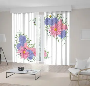 

Curtain Bouquets with Geranium Oat and Chamomile Flowers Romantic Art in Soft Colors Blue Pink Green Yellow