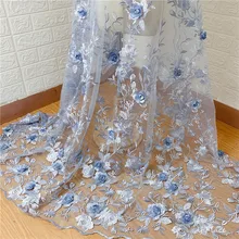 מדהים 3D חרוזים פרח applique כחול טול רשת רקמה צרפתית אפריקאית תחרה בחצר DIY תפירת בד(China)