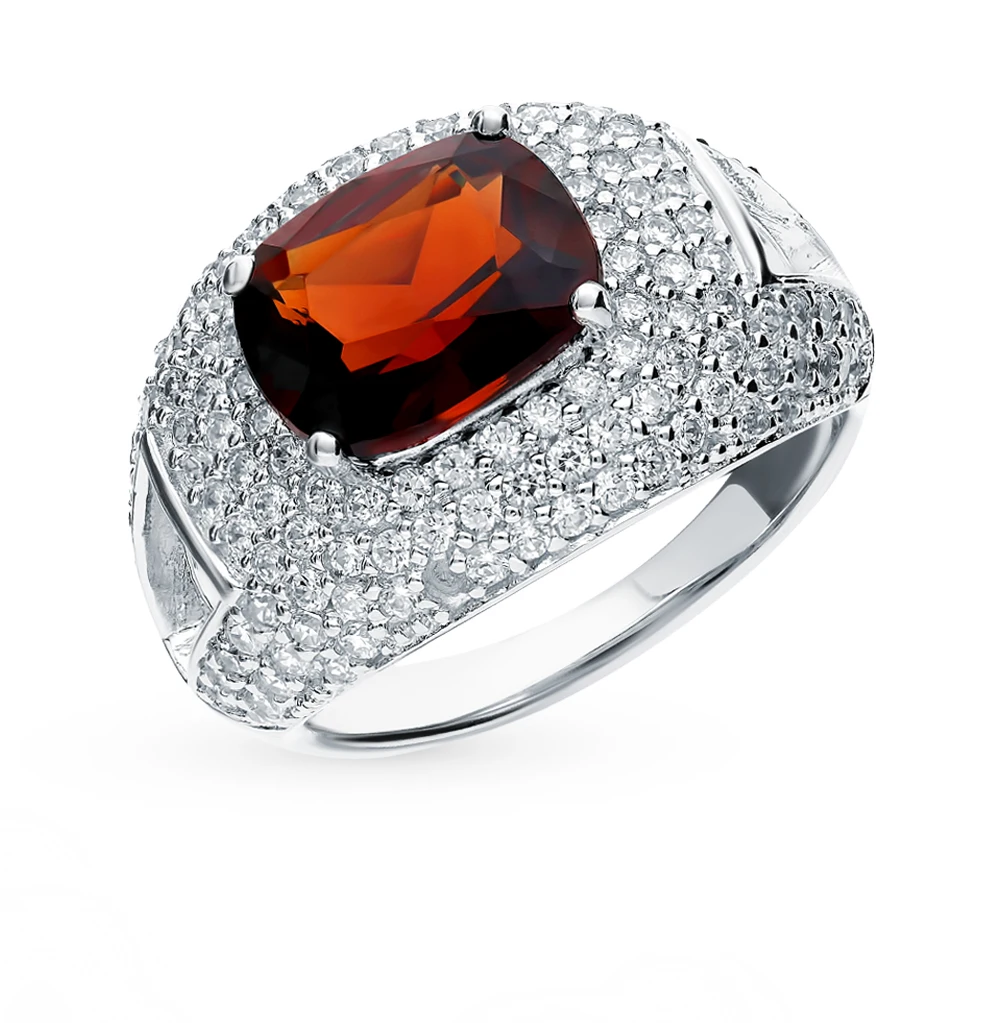 Серебряное кольцо с фианитами и гранатом SUNLIGHT проба 925
