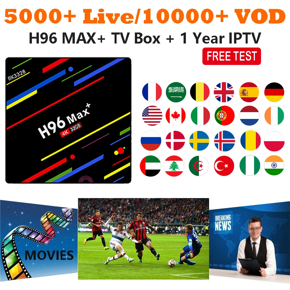 

TV Box Android 9.0 H96 Max Plus with 1 year IPTV subscription for Europe Arabic USA 5000+ Live 10000+ VOD 4K Smart IPTV Box