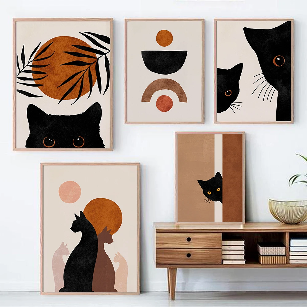 Abstract Boho Sun Bowls Black Cats Print Wall Art Nursery Decor Minimalist Neutral Cat Canvas Painting Modern Room Decor Poster