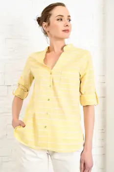 

Trend Alacati Style Women Yellow Crew Neck Double Pocket Poplın Shirt DNZ-3148