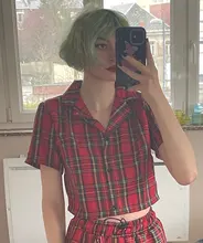 Crop Shirt Button-Up Summer Blouse Ladies Tops Streetwear Plaid Vintage Elegant Women