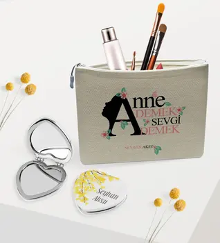 

Personalized Mother Say Love Say Linen Makeup Bag and Heart Mirror Gift Set