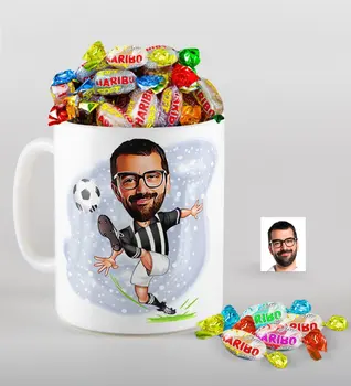 

Personalized Black White Football Player Caricature Of mug And Haribo Fruitbons Candy Gift set