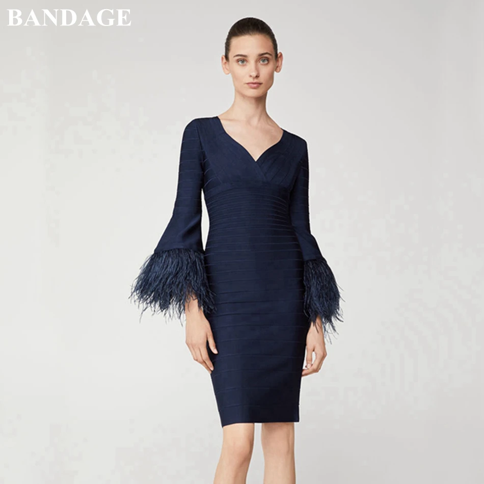 

BANDAGE Autumn Rayon Bandage Dress Women Flare Sleeve Feather Dress Sexy V Neck Celebrity Evening Party Dress HL Knee Length