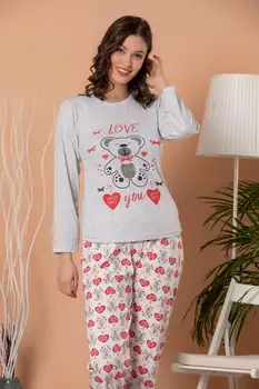 

STRAWBERRY Women 'S Gray Melange Printed Long Sleeve Pajamas Suit