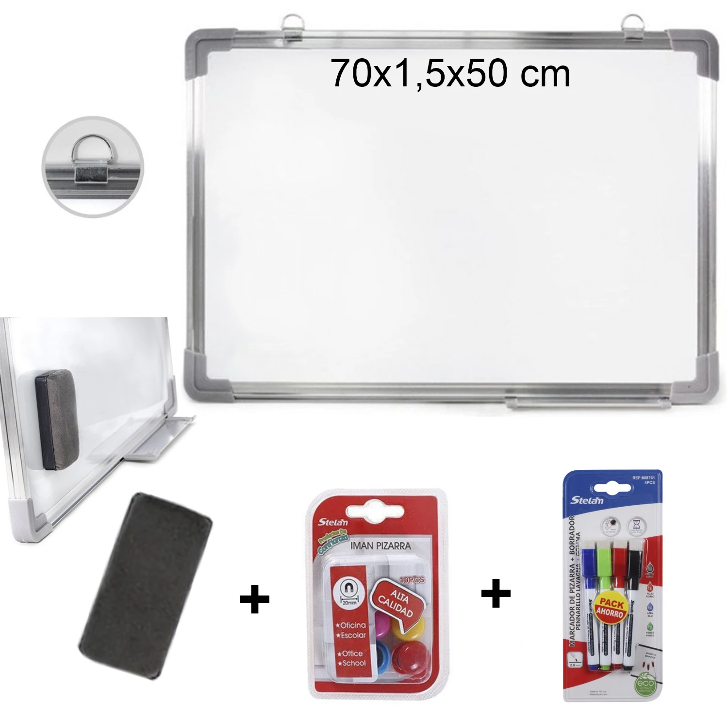 Pizarra magnetica blanca de aluminio escolar hogar u oficina 70 x 50  + borrador + rotuladores + 12 imanes
