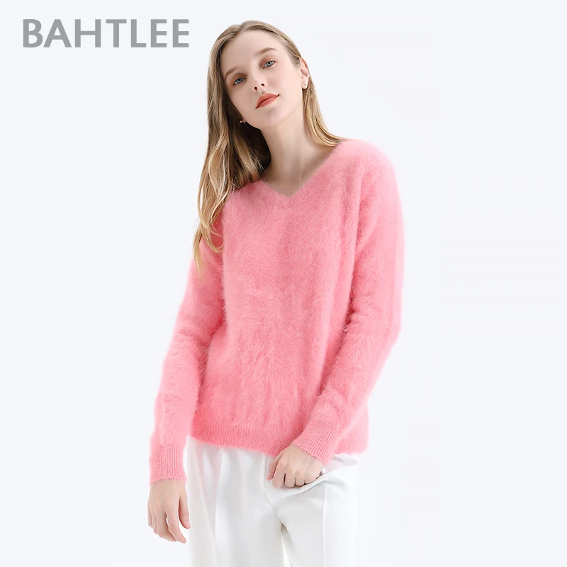 BAHTLEE Women Angora Pullovers Sweater Pure color Autumn Winter Wool Knitted Jumper Long Sleeves V-Neck Suit Basic Style | Женская