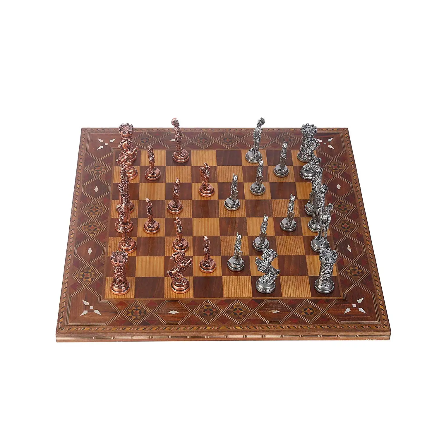 

Medieval British Army Antique Copper Metal Chess Set,Handmade Pieces,Natural Solid Wooden Original Pearl on Board King 9 cm