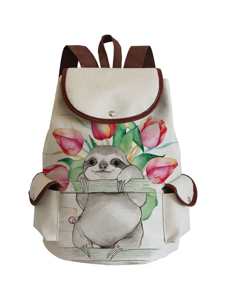 Floral Sloth Printed Linen Backpack Lovely Casual Bags Large Capacity For Teenager Portable Book Bag Eco School | Багаж и сумки