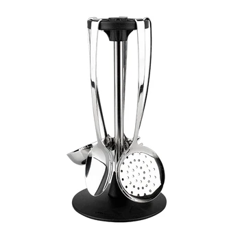 

6pcs Stainless Steel Kitchen Utensil Set Turners Scoop Spatula Colander Service Sp Scoop Cooking Tool Set & Storage Rack