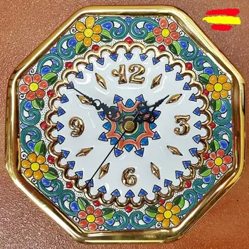 

Clock octagonal ceramics Spanish 17 cm./6.7 inches diameter - Glazed up handmade - 24 k gold - ARTECER - Home & Decoration -