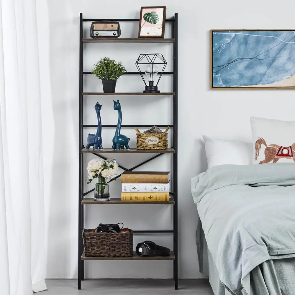 

Ladder Shelf, 5 Tier Bookcase Industrial Storage Rack Shelves, Plant Stand, for Bedroom Living Room, Dark Brown