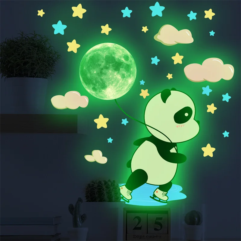 Baby Elephant Moon Luminous Wall Sticker For Children's Kids Bedroom Decorative Glow In The Dark Cartoon Panda Decals Home Decor