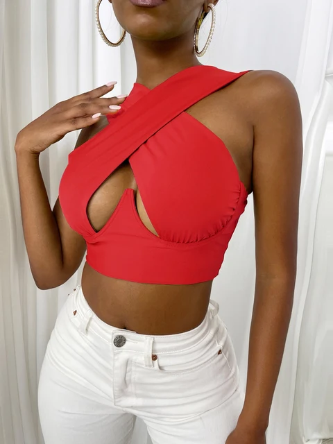 Women's Criss Cross Tank Tops Sexy Sleeveless Solid Color Cutout Front Crop Tops Party Club Streetwear Summer Lady Bustier Tops 72E Red