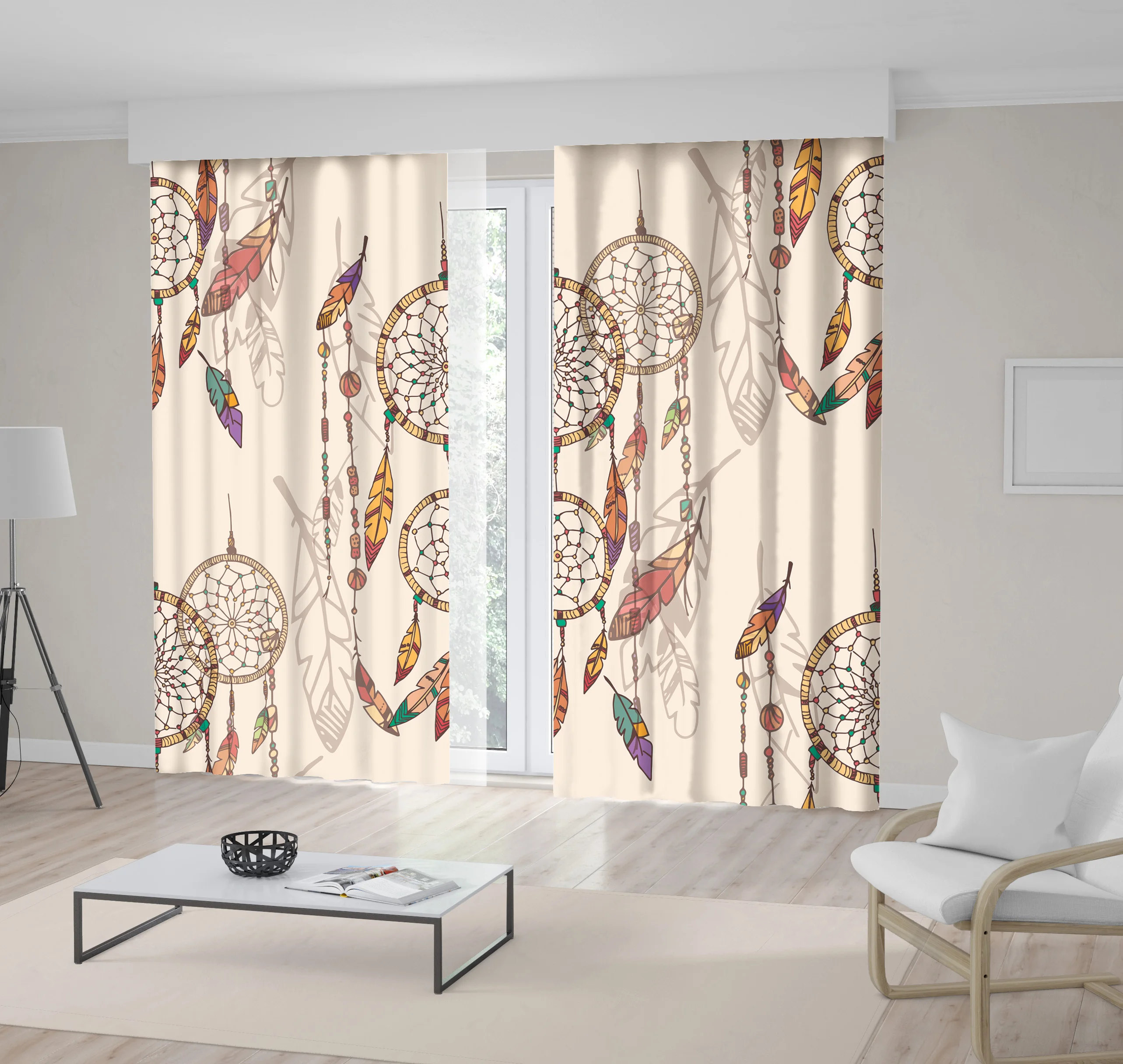 

Bohemian Dream Catcher with Beads and Feathers Ornamental Ancient Ethnic Artwork in Mustard Pink Printed Curtain