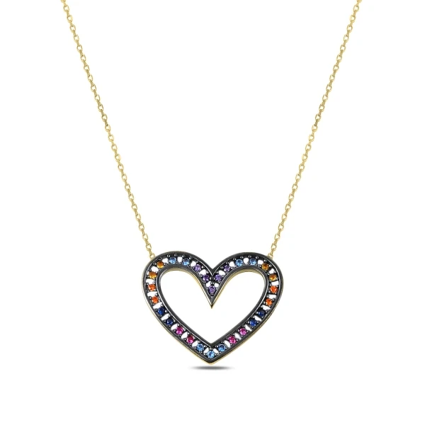 KUTAYDAN Mixed Color Zircon Stone Heart Necklace 925 Sterling Silver