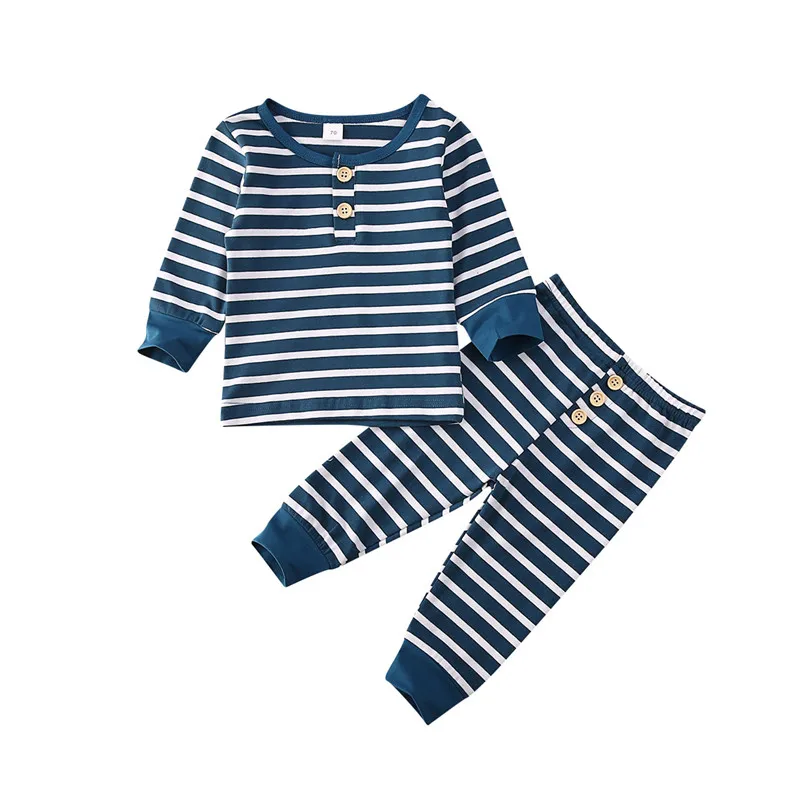 Одежда для новорожденных мальчиков и девочек от 0 до 24 месяцев однотонная цветная Пижама пижамный комплект, хлопковая одежда для сна Милая одежда для сна домашняя одежда - Цвет: Stripe Blue