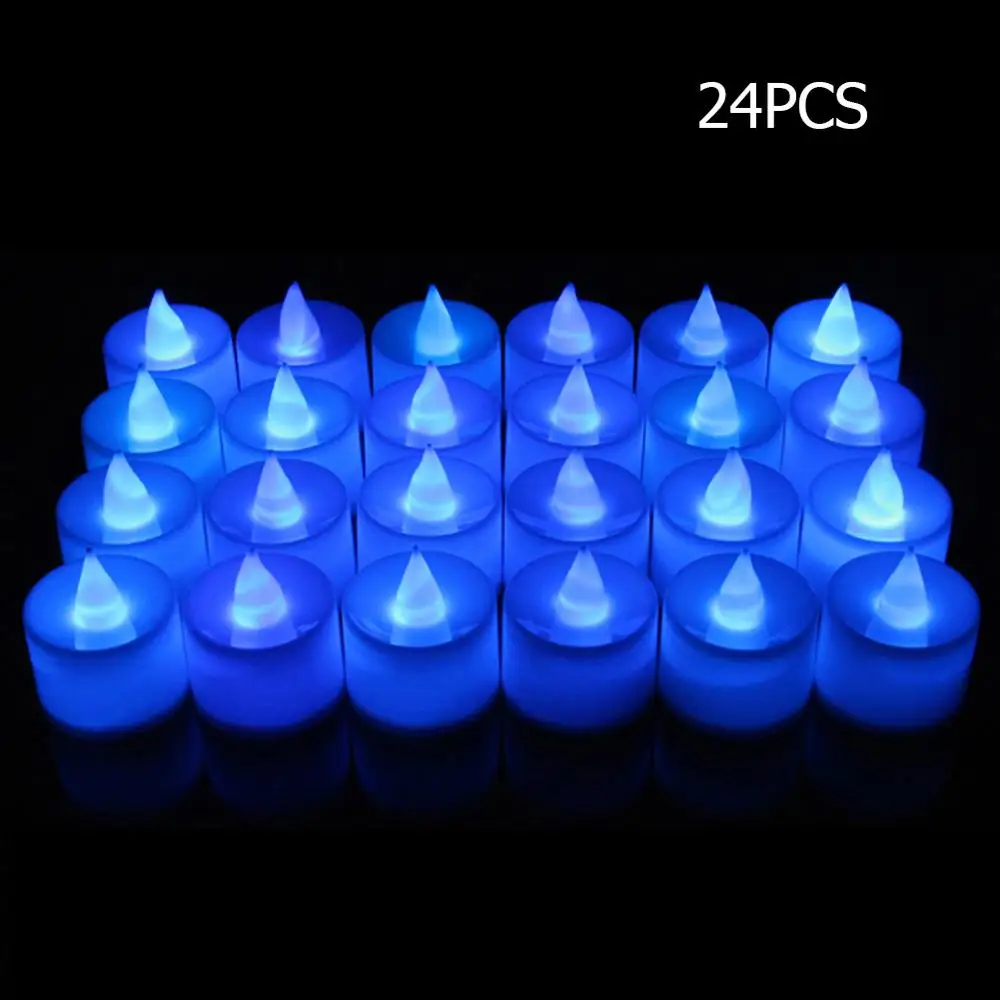 24pcs Round Blue 12/24 шт. теплый белый Нерегулярные СВЕТОДИОДНЫЙ мерцающий Чай Светильник лампы Беспламенного искусственная Свеча лампа праздничные платья для свадебных торжеств украшения - Цвет: 24pcs Round Blue