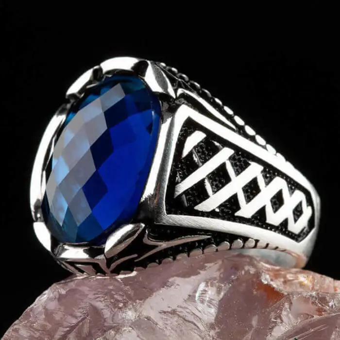 

Silver Mens Ring with Oval Blue Zircon Stone Fashion Turkish Premium Quality Handmade Jawelery