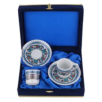 전통 모티브 빈티지 아트 세라믹 터키 커피 컵과 접시 2 세트 4 피스 선물 벨벳 상자