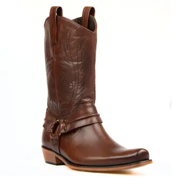 

FootCourt- Brown Cowboy Boots Genuine Leather Horse Riding Boot Bandit Toe Boots Mid Calf Boots Buckle Motorcycle Boots Handmade