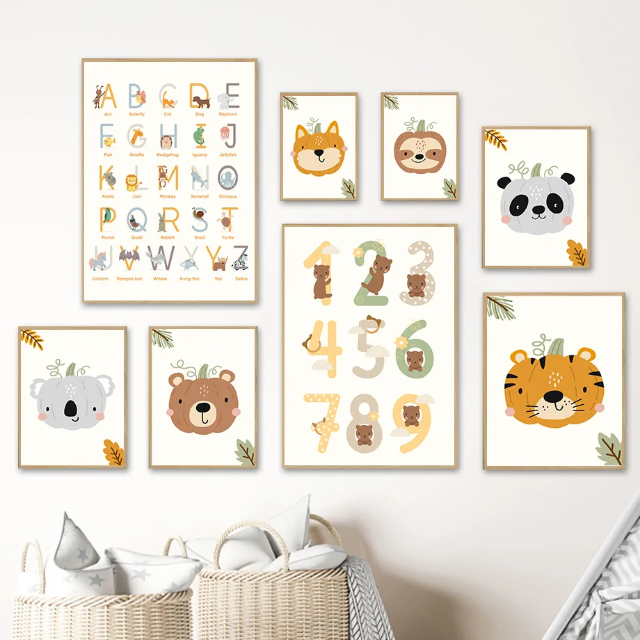 

Number Alphabet Pumpkin Panda Koala Tiger Sloth Baby Wall Art Pictures Canvas Painting Nordic Posters And Prints Kids Room Decor