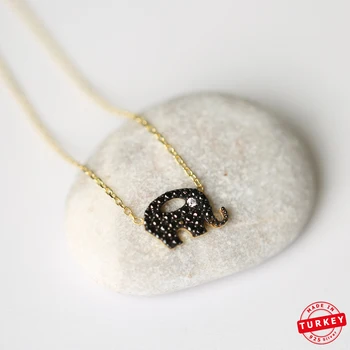 

Mint Jewelry 925 Sterling Silver Elephant Desing Black Zircon Stone Turkish Handmade Charm Necklace