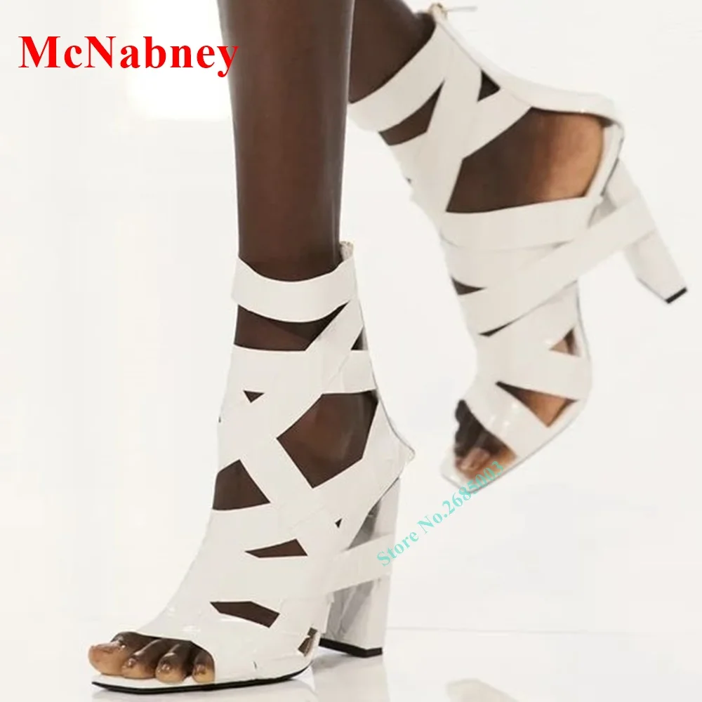 

Cross Tied Solid Open Toe Sandal Ankle Chunky Heel Back Zipper Wrapped Sandal Women Shoe Summer Party Dress Hollow Sexy Designer
