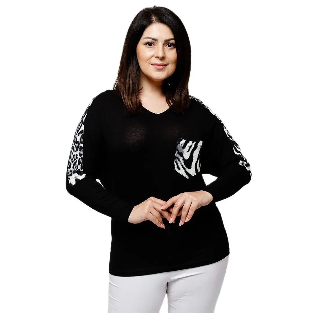 Женская черная блузка больших размеров с v-образным вырезом и леопардовым принтом, карманами и рукавами, разработана и изготовлена в Турции, новое поступление