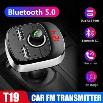

T19 Bluetooth 5.0 Smart Car FM Transmitter Handsfree Stereo Music MP3 Player FM Adapter Support TF Card Dual USB Car Charger