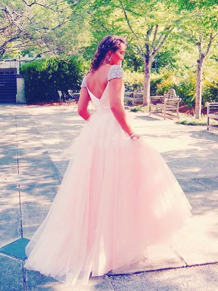 Roze Prom Jurken V-hals Cap Sleeve Kralen Tulle Lange Avondjurk Prinses Prom Dress Vestidos De Fiesta Roze Prom Jurken V-hals Cap Sleeve Kralen Tulle Lange Avondjurk Prinses Prom Dress Vestidos De Fiesta