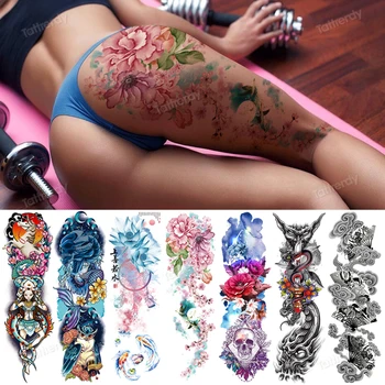 sexy fake tattoo for woman waterproof temporary tattoos large leg thigh body tattoo stickers peony lotus flowers fish dragon 1