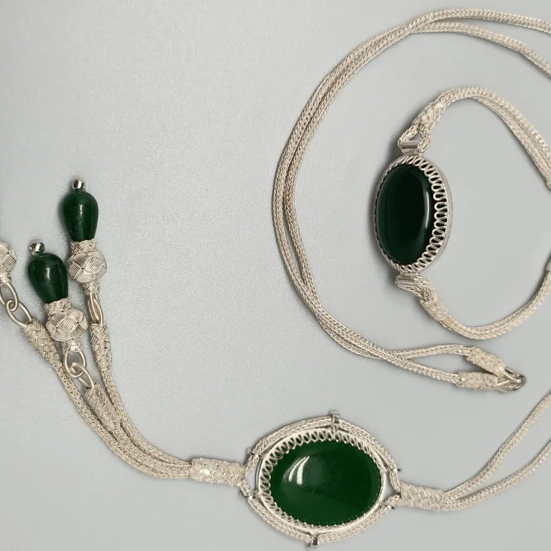 

Trabzon Kazaz Necklace and Bracelet hand-knitted 1000 sterling silver with the Dark Green Stoned Pendant with beaded tassels