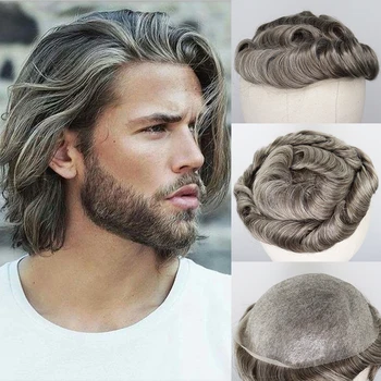

YY Wigs Brown Mixed Grey Human Hair Toupee for Men Wig Brazilian Remy Human Hair Replacement System Thin PU 8x10 Men's Toupee